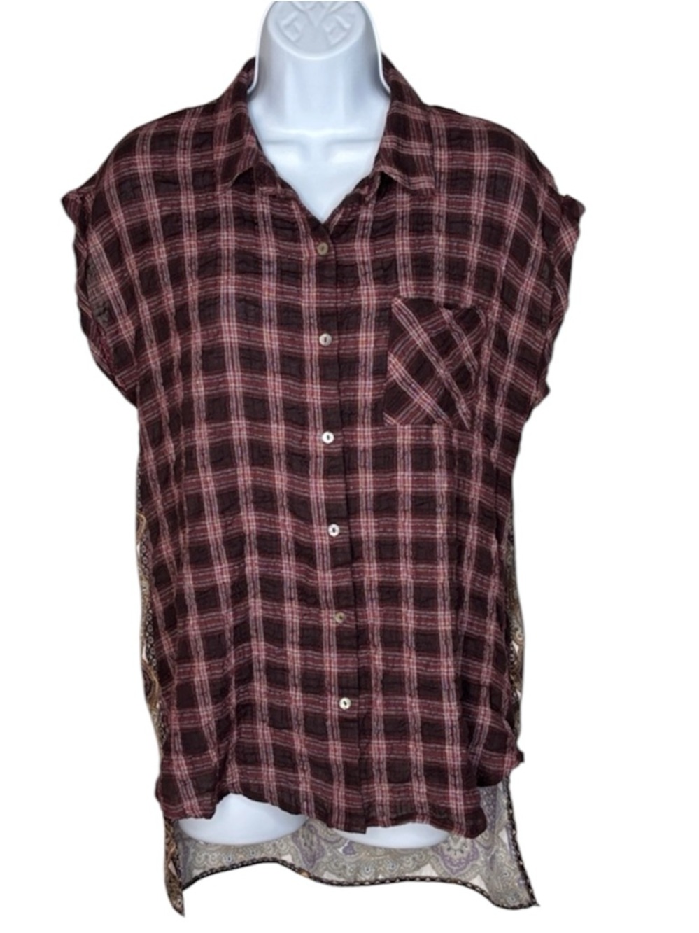 ODDI Plaid Mixed Media Cap Sleeve Button-Down Tunic Shirt